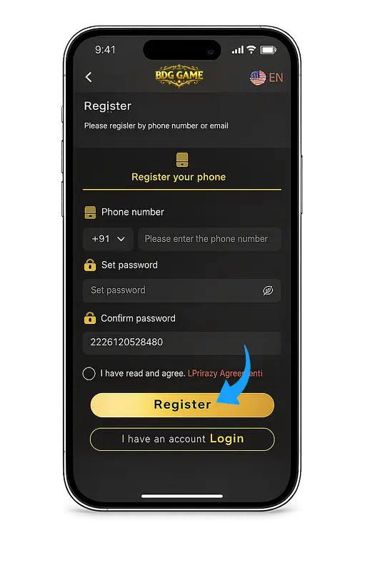 BDG Game app – register screen on mobile